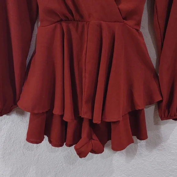 Altar'd State Rust Long Sleeve Peplum Jumpsuit. - Picture 3 of 17